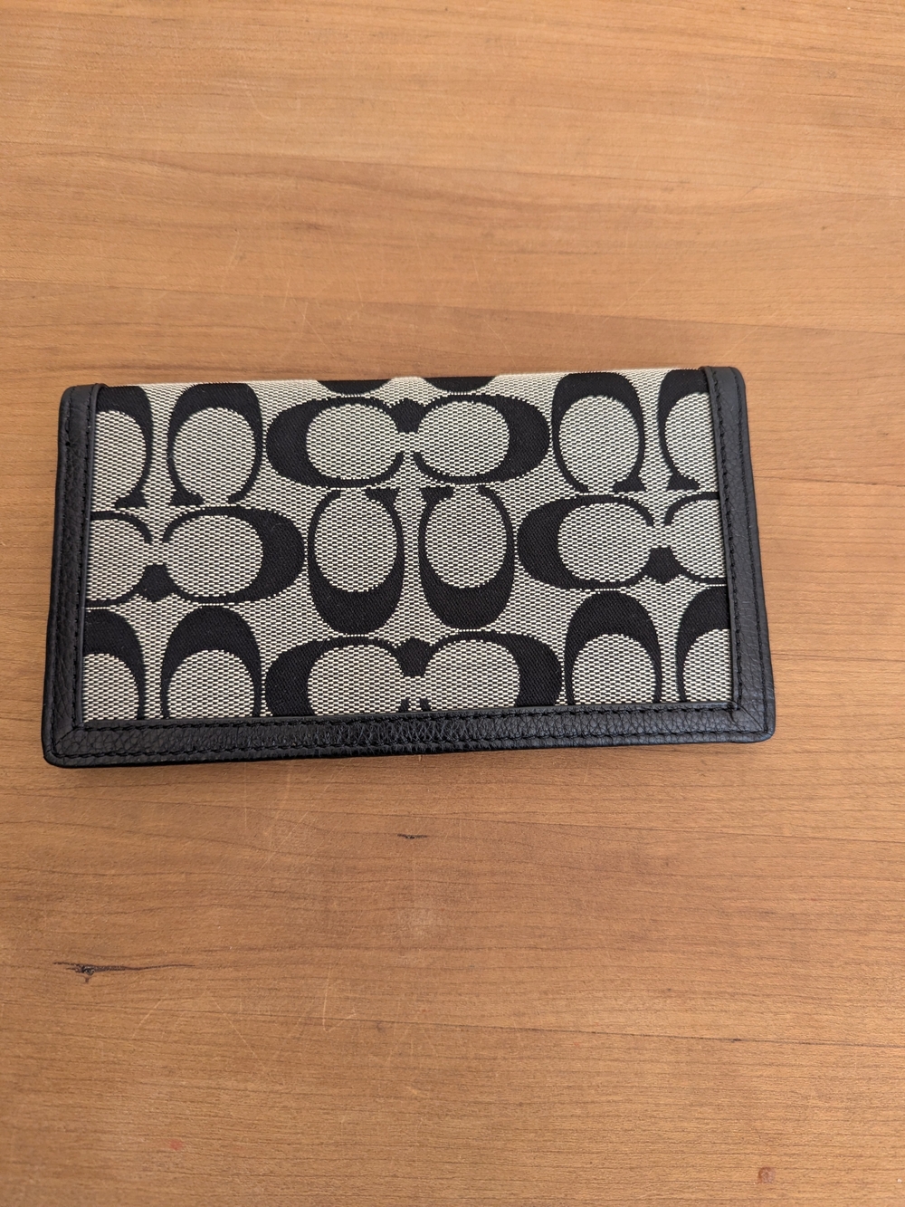 Coach Signature Checkbook Wallet Black White Canvas Leather Trim